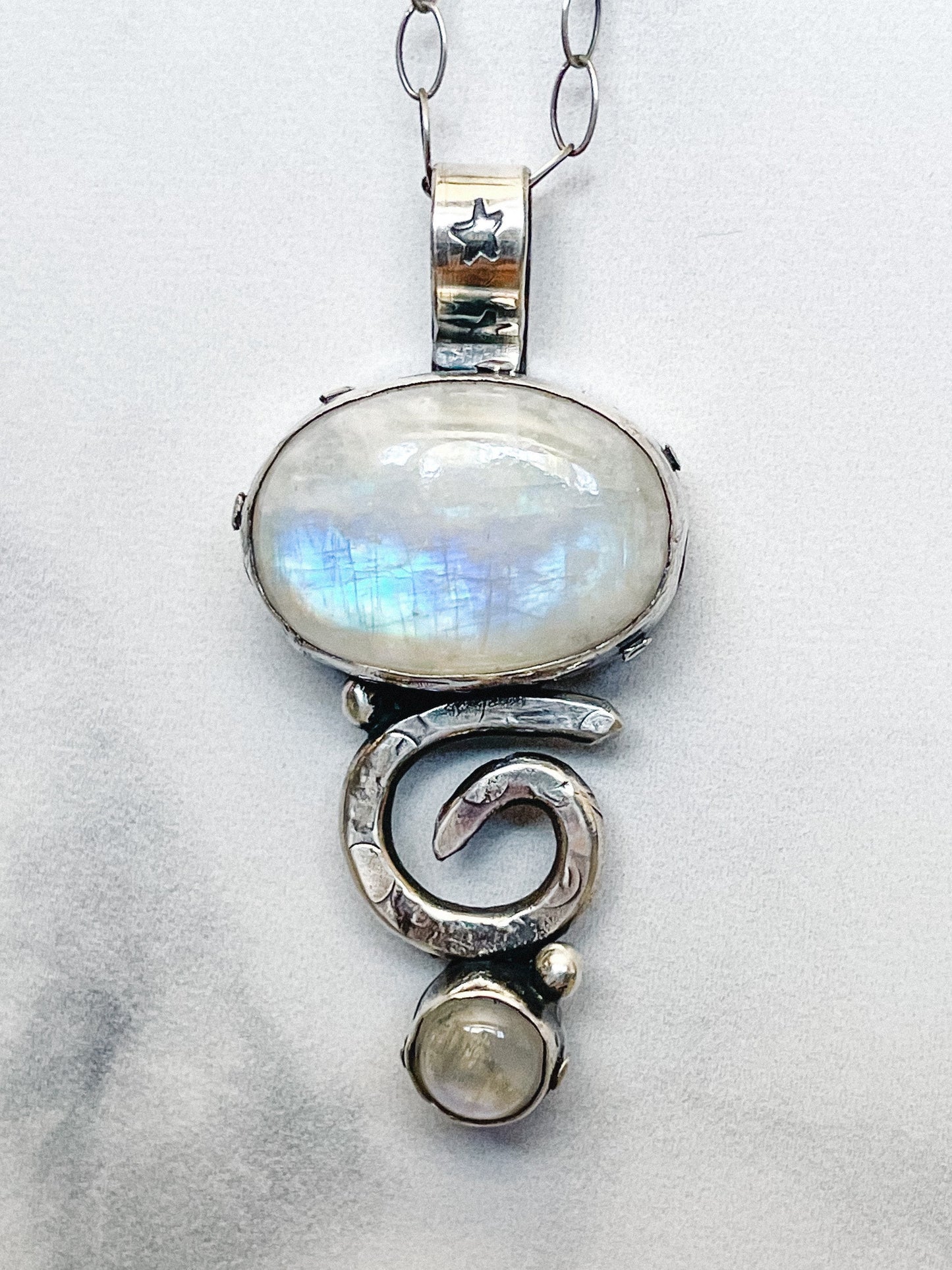 Silversmithed Rainbow Moonstone Sterling Silver Swirl Necklace