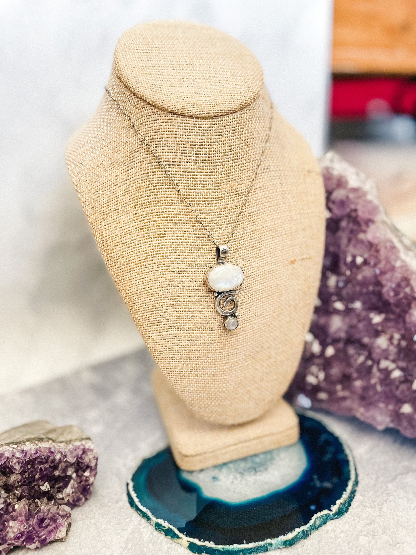 Silversmithed Rainbow Moonstone Sterling Silver Swirl Necklace