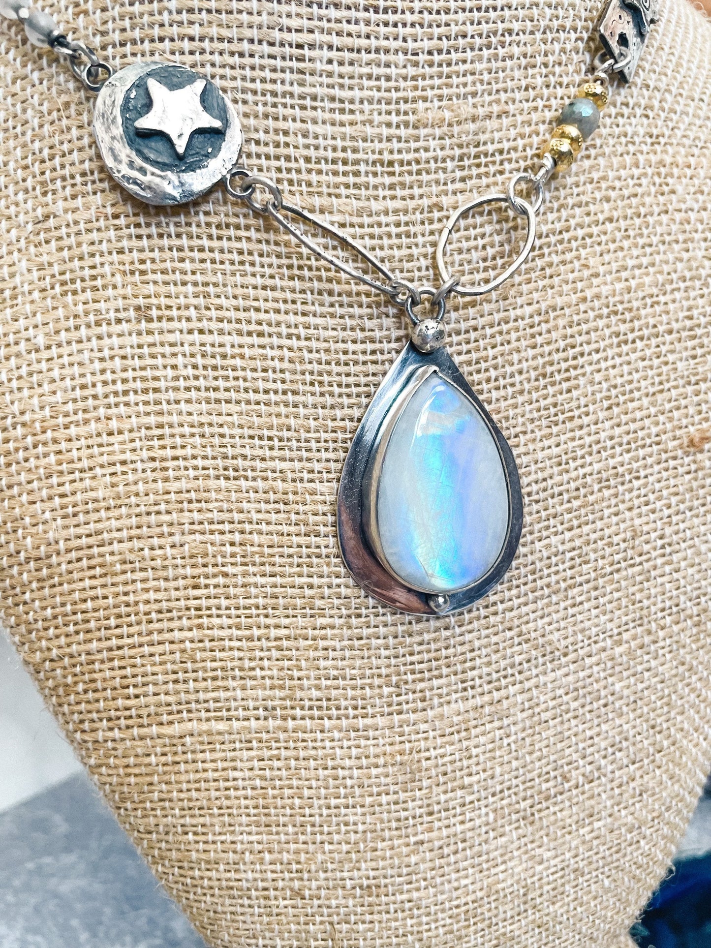 Celestial Rainbow Moonstone Necklace Sterling Silver
