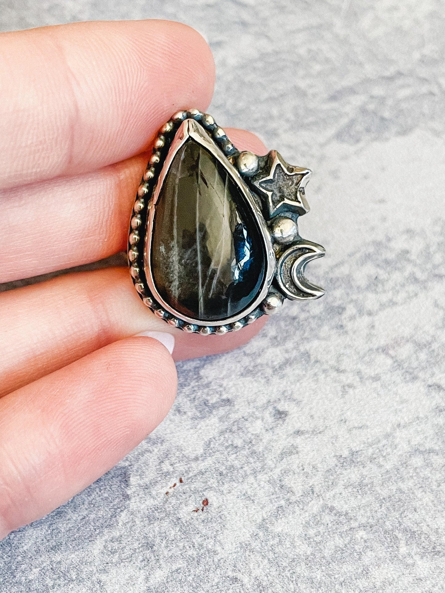 Black Moonstone Teardrop Sterling Silver Ring Size 6
