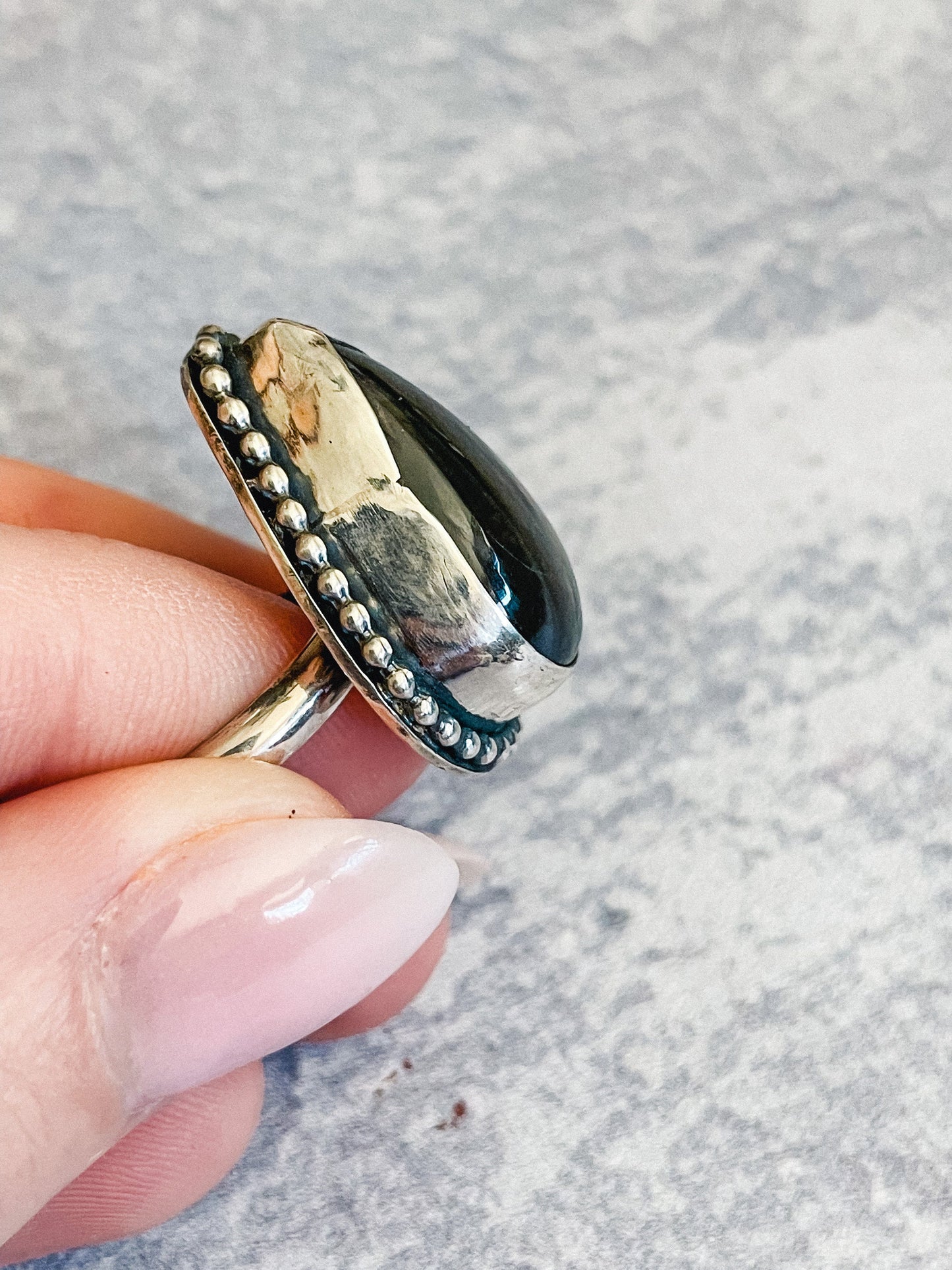 Black Moonstone Teardrop Sterling Silver Ring Size 6