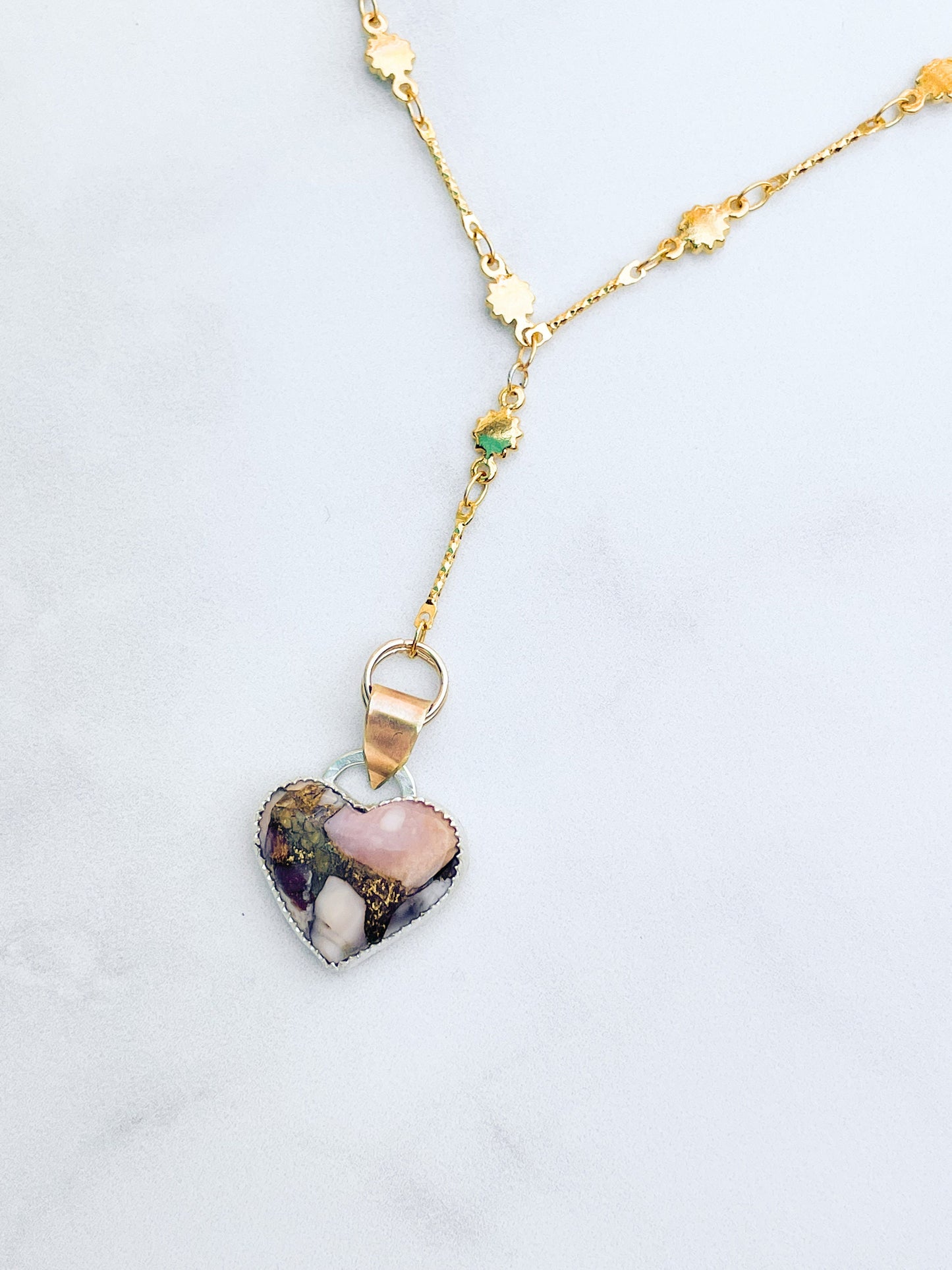 Pink Opal Drop Heart Necklace Sterling Silver and 14k Gold Fill